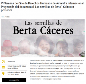 Málaga: Proyección del documental 'Las semillas de Berta'. Coloquio posterior @ Colegio Profesional de Trabajo Social de Málaga